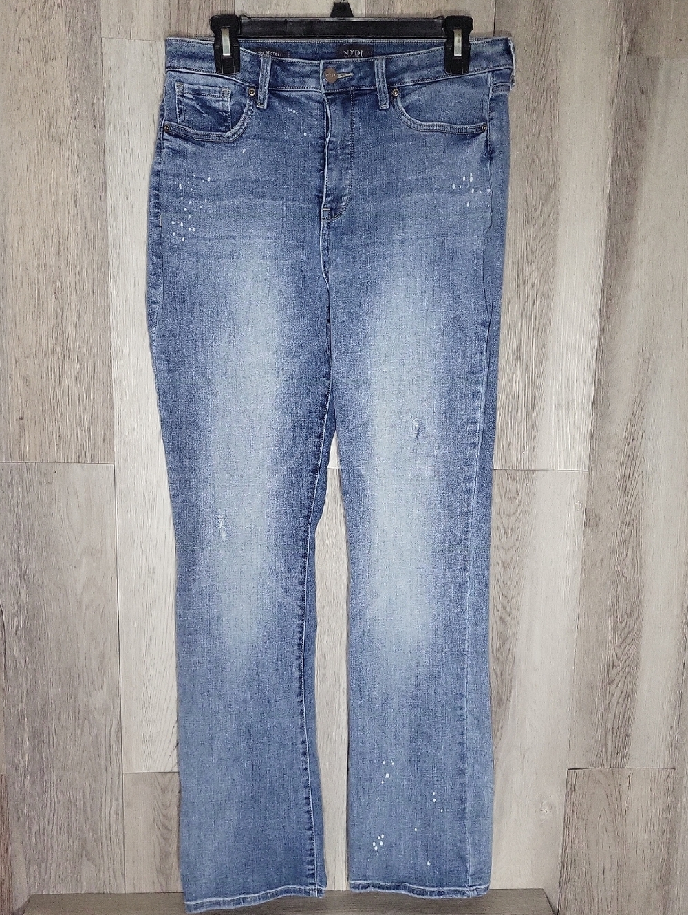 NYDJ Slim Bootcut Lift Tuck Jeans Womens 10 Distressed Splatter Stretch Denim